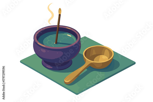 Isometric view of a ceremonial bowl with water and burning incense stick next to a golden ladle