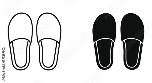 Slipper icon with outline and solid fill variations, symbolizing comfort, home, and relaxation footwear design.