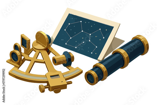 Vintage nautical instruments including golden sextant, telescope, and star chart for astronomy