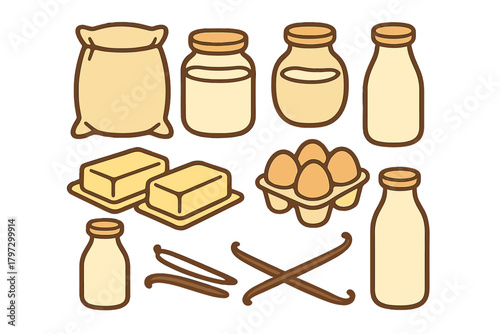 Essential baking ingredients including flour, milk, butter, eggs, and vanilla beans