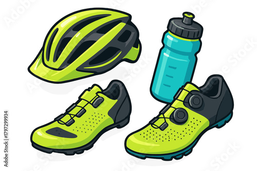 Essential cycling gear collection featuring helmet, water bottle, and specialized athletic shoes