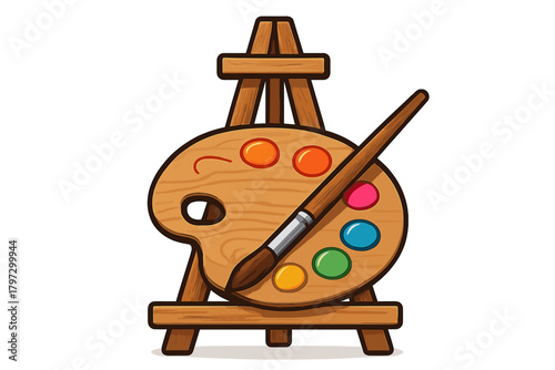 Wooden easel with artist's palette, colorful paint spots, and paintbrush on white background