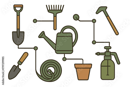 Essential gardening tools and equipment set including shovel, rake, and watering can