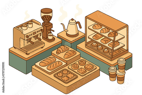 Modern coffee shop counter featuring espresso machine and fresh baked goods display