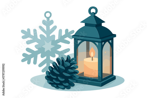 Glowing candle lantern with pine cone and decorative snowflake for winter holidays