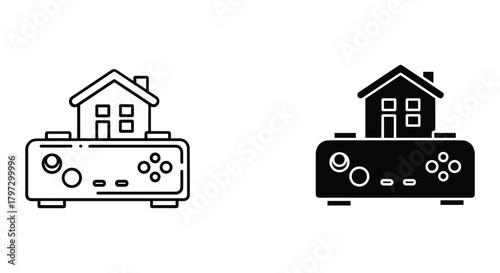 Smart house gaming console outline and solid icon. home automation control with a game controller.