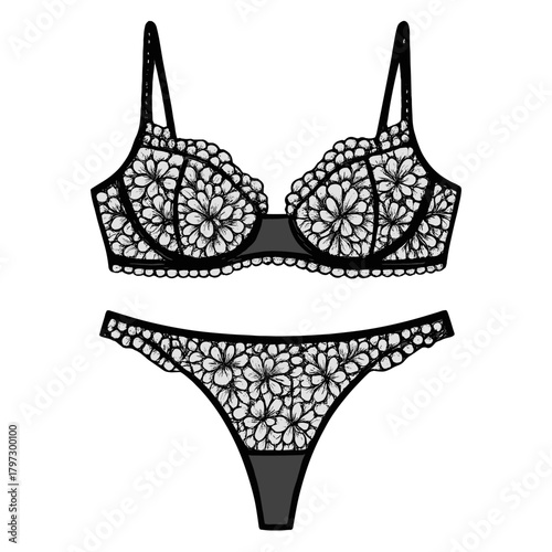 Stylish black and white intimate apparel set with delicate floral lace pattern