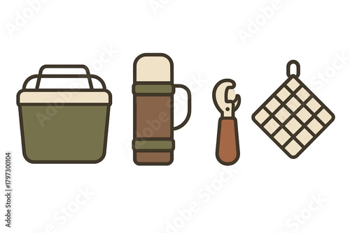Set of essential equipment for camping and outdoor cooking including cooler thermos and bottle opener