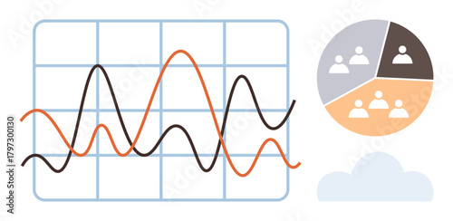 Graph with fluctuating lines on grid and pie chart showing segmented groups. Ideal for analysis, data visualization, statistics, research, demographics, business trends, presentation. Simple flat