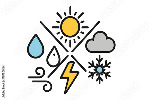 Set of meteorological symbols: sun, cloud, rain, wind, snow, and lightning bolt