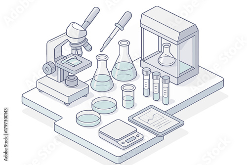 Isometric view of essential scientific laboratory equipment including microscope, flasks, test tubes, and digital scale
