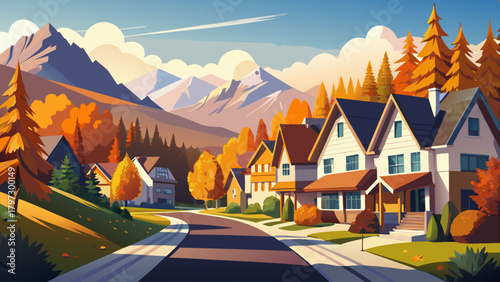 Very beautiful view of new luxury row houses along a quiet road in a mountain village on a sunny autumn day, framed by forested mountains glowing with peak fall foliage in the background.