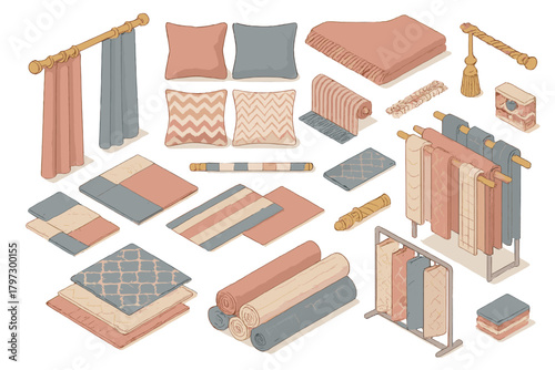 Isometric collection of interior design elements: carpets, pillows, rugs, and window curtains