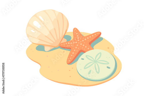 Natural beach treasures arrangement of scallop shell, sea star, and sand dollar on textured sand