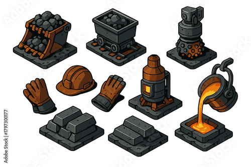 Isometric icons of mining tools, coal, metal smelting furnace, and safety gear