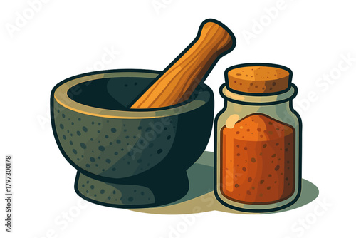 Traditional stone mortar and wooden pestle with a glass jar of ground spices