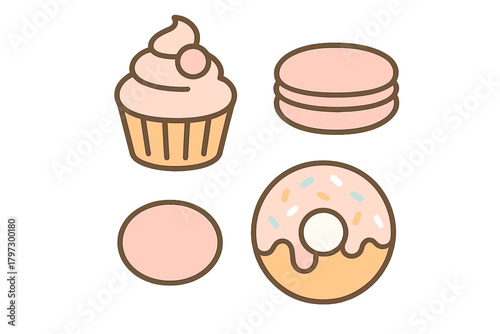 Assortment of delicious baked goods and confectionery items in soft pastel colors