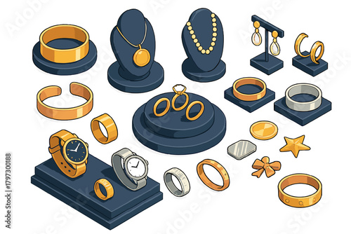 Luxury jewelry store display featuring gold and silver rings necklaces watches and earrings on dark stands