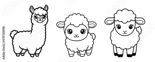 Kawaii llama and sheep characters in a simple black and white outline. Adorable animal clip art set with no color for coloring book pages