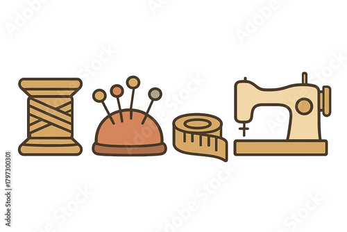 Essential sewing and tailoring tools including thread spool, pincushion, measuring tape, and sewing machine