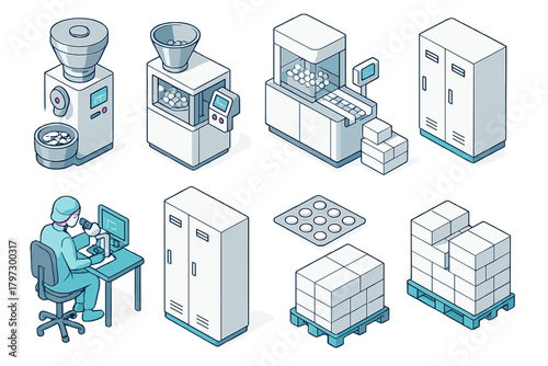 Isometric icon set showing pharmaceutical manufacturing process elements and quality control