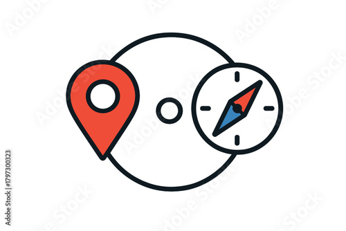 Red location pin connected to a compass symbolizing navigation, direction, and finding a destination