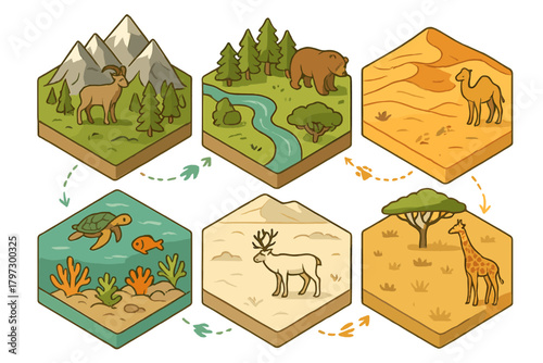 Six isometric hexagonal tiles showing diverse global biomes and wildlife habitats connected by arrows