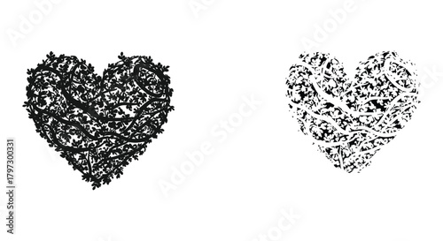 Organic heart shapes formed by interwoven branches and leaves, symbolizing love, nature, connection, and growth.