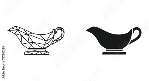 Stylish geometric outline and solid silhouette vector icons depicting elegant gravy boats for kitchen and dining