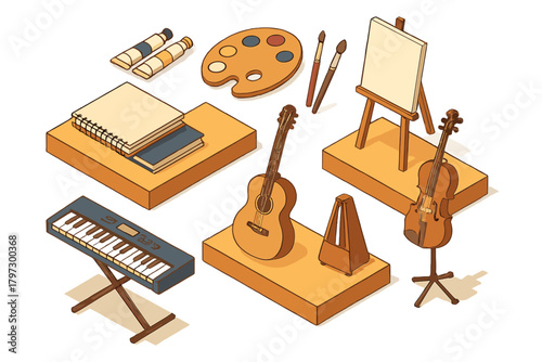 Isometric collection of art supplies and musical instruments for creative hobbies