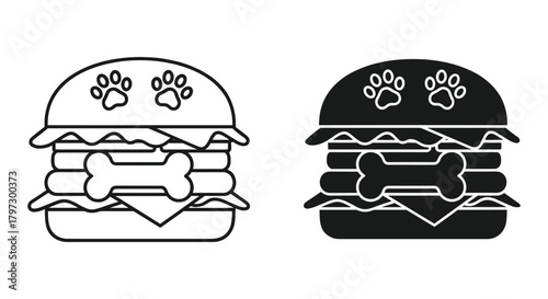 Dog food burger icon with paw prints and bone, line art and glyph styles, pet meal concept vector illustration on white