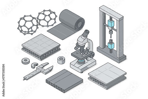 Advanced materials science research tools including microscope, testing machine, calipers, and composite structures