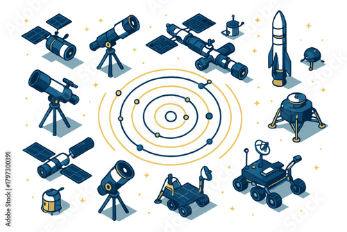 Isometric set of space exploration technology and astronomy elements around solar system model
