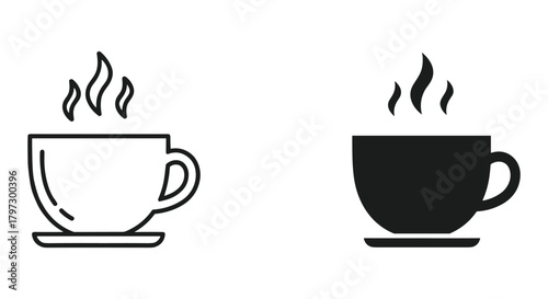 Steaming hot coffee cup icons: minimal outline and solid silhouette vector illustrations for web design