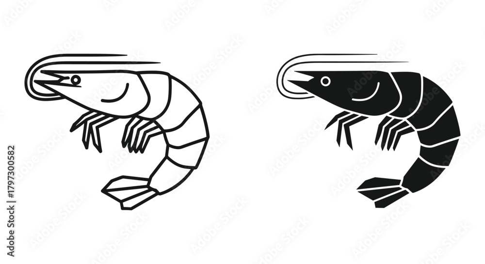 Fototapeta premium Shrimp outline and solid icon set. minimalist seafood crustacean vector illustration for culinary design projects.
