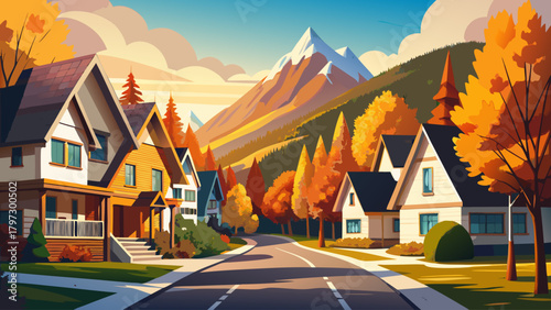 Very beautiful view of new luxury row houses along a quiet road in a mountain village on a sunny autumn day, framed by forested mountains glowing with peak fall foliage in the background.