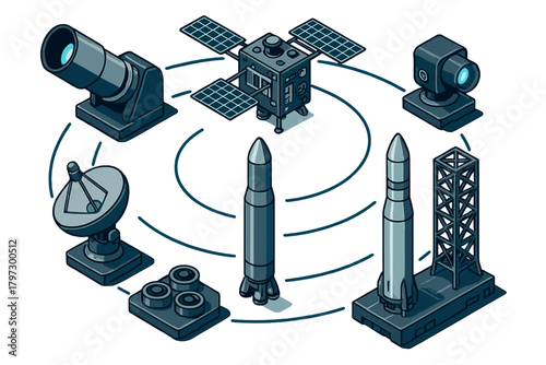 Modern space technology infrastructure featuring rockets, orbital satellite, and ground communication equipment