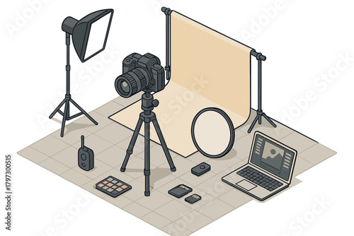 Professional photography studio setup with camera, lighting, backdrop, and digital workflow tools