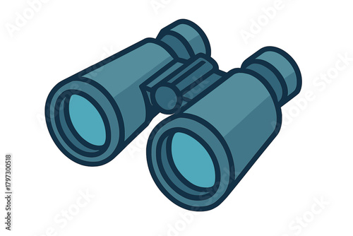 Simple stylized graphic symbol of blue binoculars used for observation and viewing distant objects