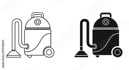 Industrial vacuum cleaner icon set: line art and glyph styles for cleaning, household, and maintenance services