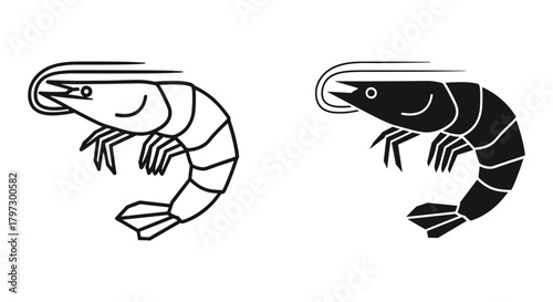 Shrimp outline and solid icon set. minimalist seafood crustacean vector illustration for culinary design projects.