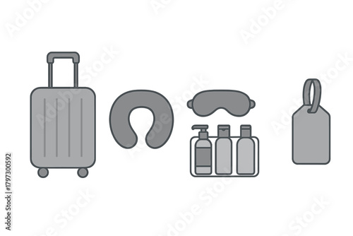 Essential travel accessories set featuring rolling luggage, neck pillow, sleep mask, and small toiletry bottles