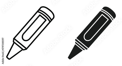 Crayon outline and filled silhouette icon set for drawing, coloring, and art education concept vectors