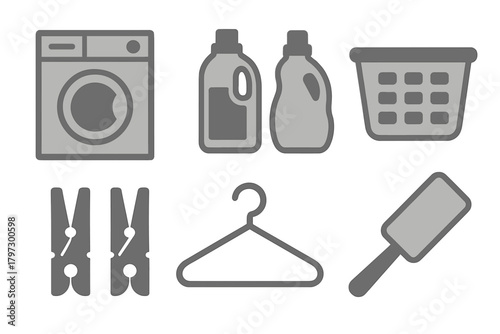 Collection of essential household laundry appliances and cleaning tools symbols