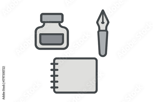 Classic ink bottle, fountain pen nib, and blank sketchbook for writing and drawing