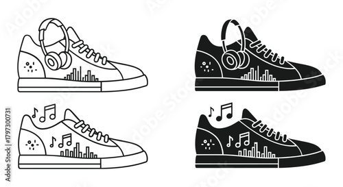 Dynamic vector icons: sneakers with headphones and music notes, outline and glyph styles. active lifestyle and sound theme.