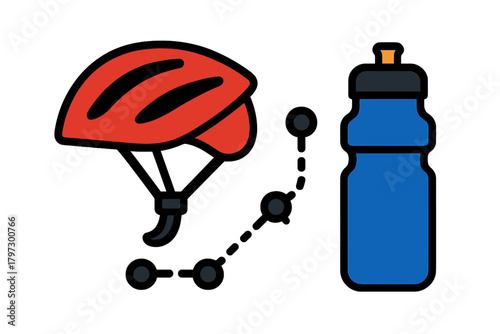 Safety helmet, hydration bottle, and dotted route path for cycling and outdoor sports