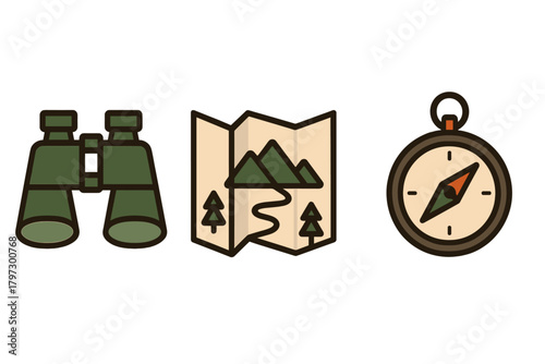 Essential outdoor adventure gear icons featuring binoculars, navigation map, and magnetic compass