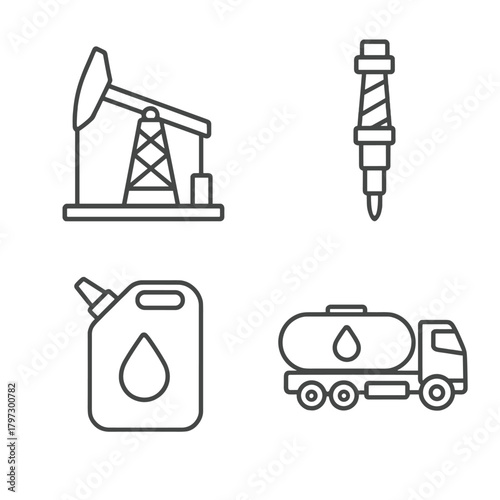 Oil and gas industry symbols including pump jack, fuel injector, canister, and tanker truck