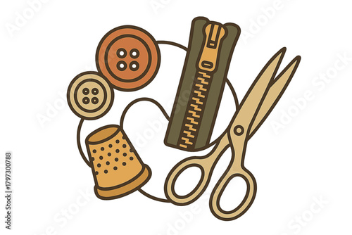 Essential sewing and tailoring supplies including scissors, zipper, buttons, and thimble arranged together